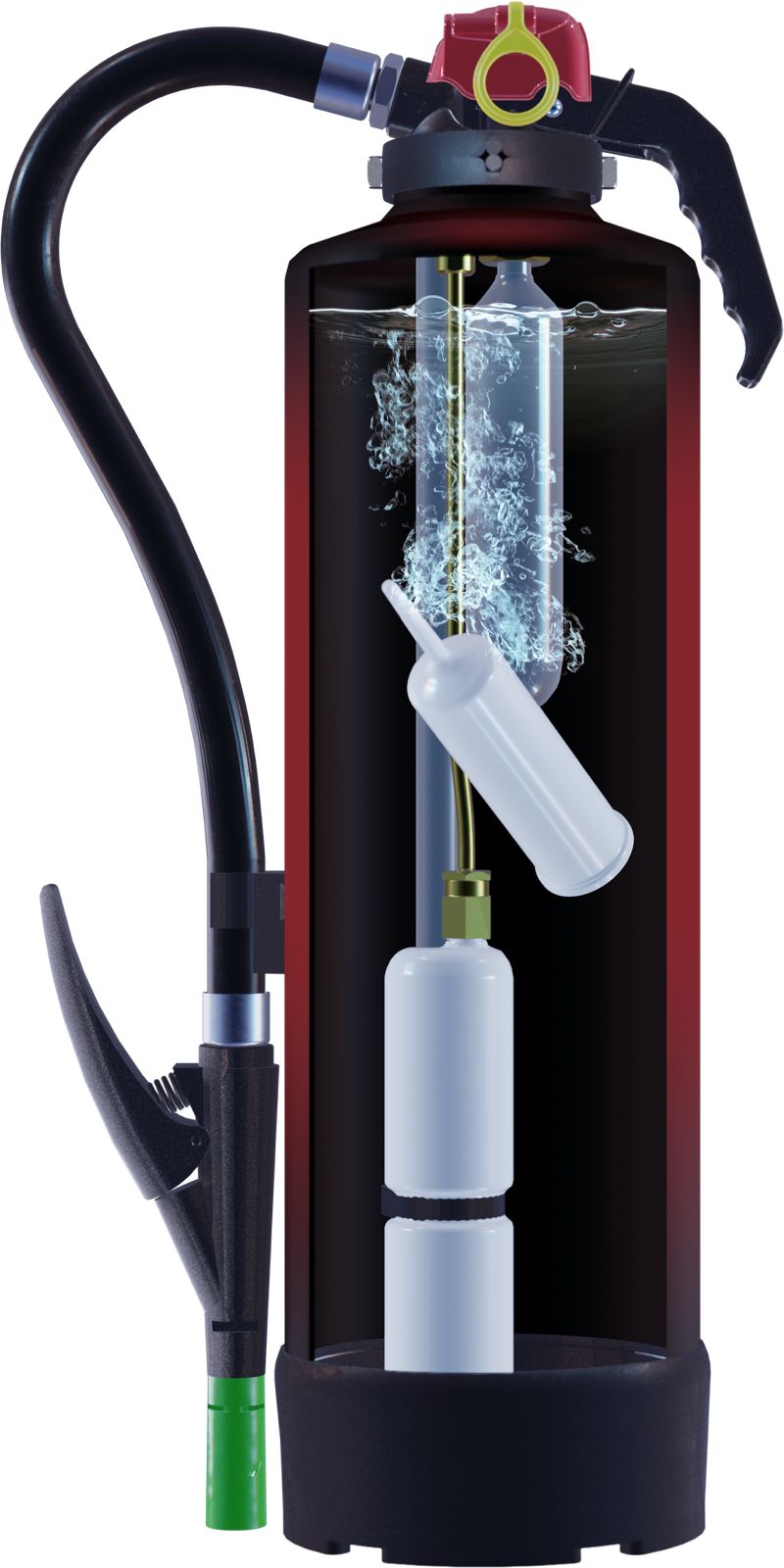 Ein aufgeschnittener roter Feuerlöscher zeigt seinen inneren Aufbau mit Wasser und Gas