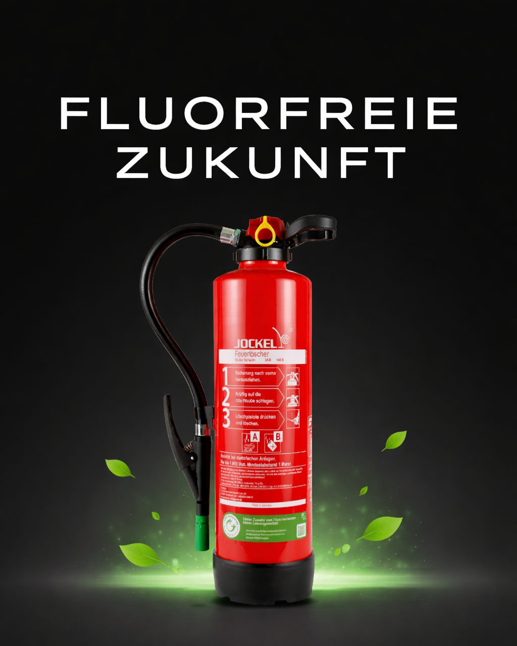 Roter Feuerlöscher mit grünem Hebel vor schwarzem Hintergrund und grünen Blättern