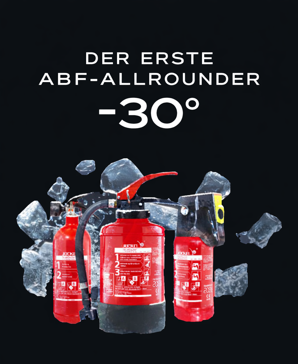 Drei rote Feuerlöscher mit Eiswürfeln umgeben strahlen Frische und Sicherheit aus